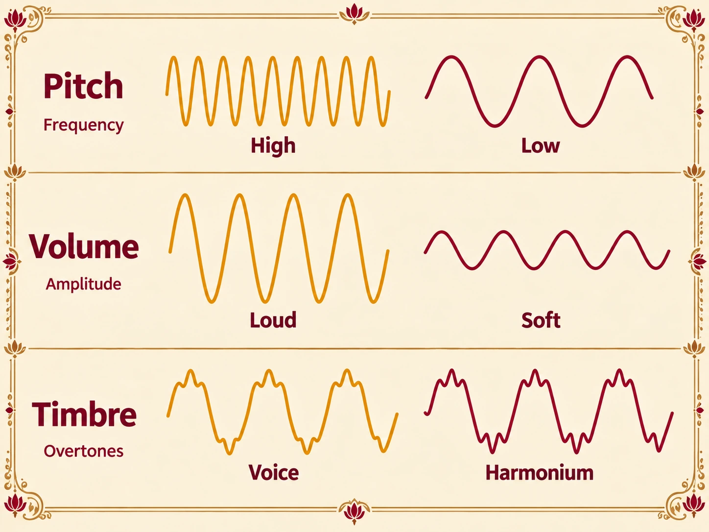 Three rows of paired waves. Pitch: closely spaced peaks sound high, widely spaced peaks low; it depends on frequency. Volume: a tall wave is loud, a short one soft; it depends on amplitude. Timbre: a voice and a harmonium on the same note have the same spacing and height but differently shaped ripples; it depends on overtones.