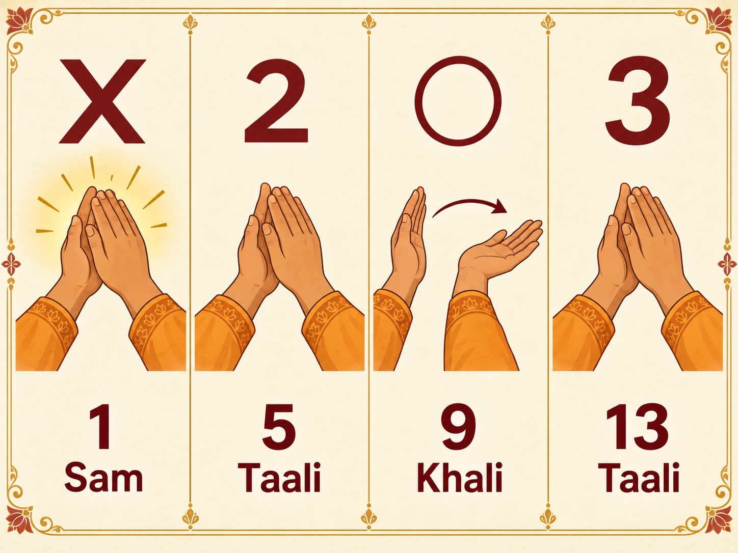 The hand signs of Teentaal. Matra 1, sam (X): a strong clap. Matra 5, taali 2: a clap. Matra 9, khali (0): a wave of the hand. Matra 13, taali 3: a clap.
