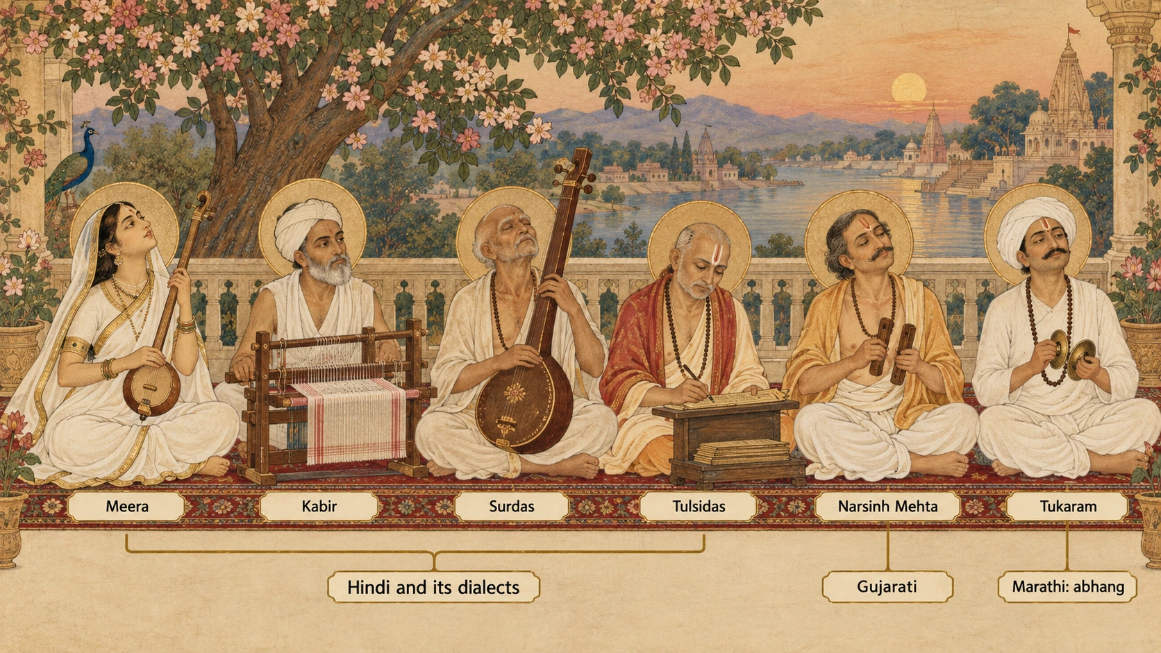 Six bhakti poet-saints, labelled: Meera, Kabir, Surdas and Tulsidas (Hindi and its dialects), Narsinh Mehta (Gujarati) and Tukaram (Marathi abhangs)