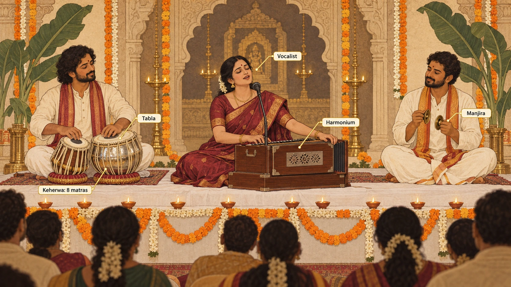 A bhajan performance with callouts for the Vocalist at the Harmonium, the Tabla playing Keherwa (8 matras) and the Manjira cymbals